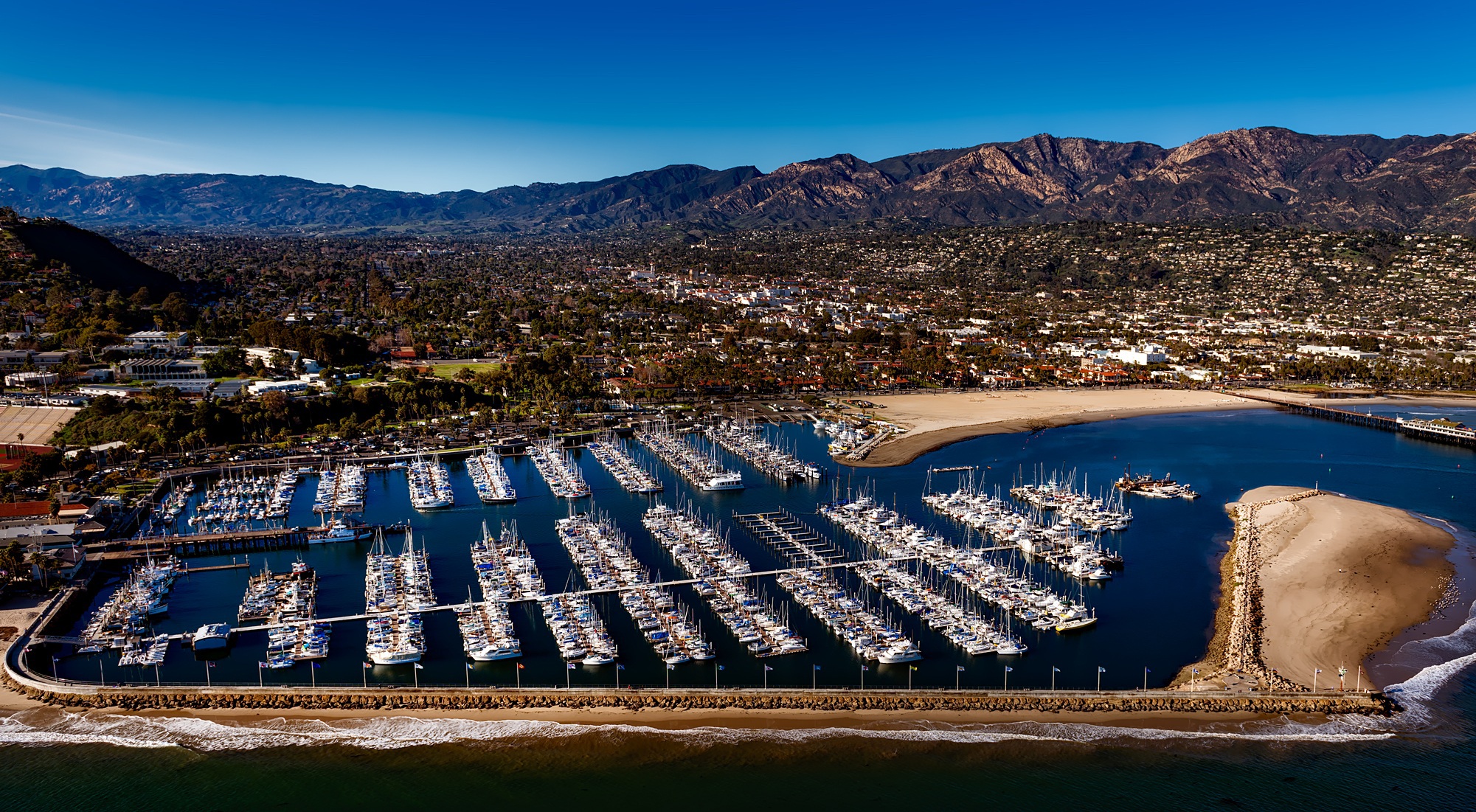 Aerial view of the Santa Barbara harbor and coastline